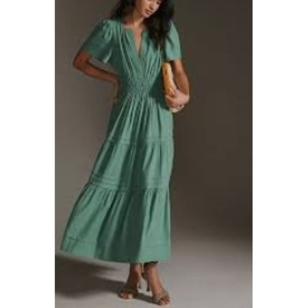 Anthropologie Somerset Maxi Dress Women S Green Linen Blend Tiered Smocked